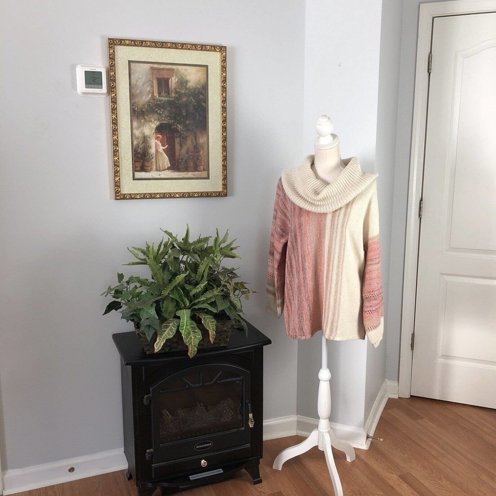 Womens Cupio Long Sleeve Cowl Neck Striped Beige Pink Sweater Size Large